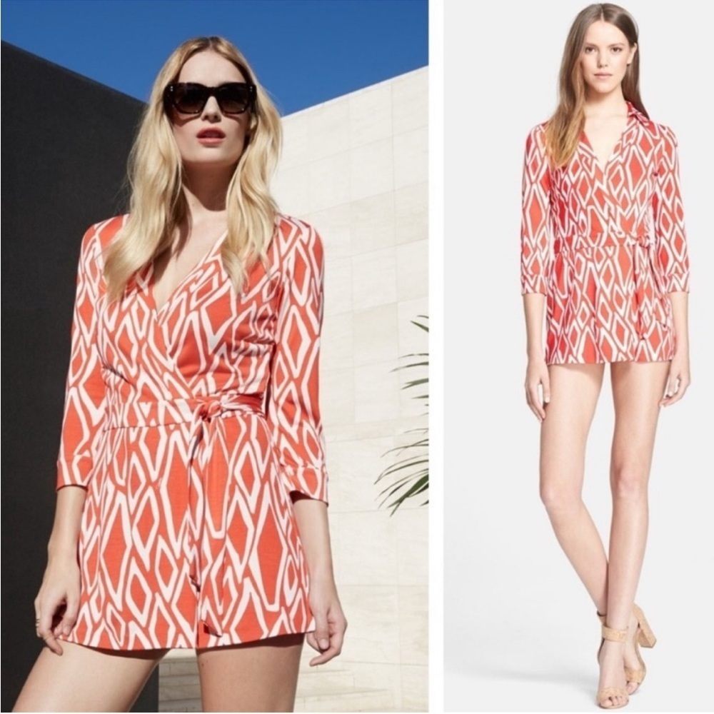 Diane Von Furstenberg 100% Silk Burnt Orange Geometric Waist Wrap Romper